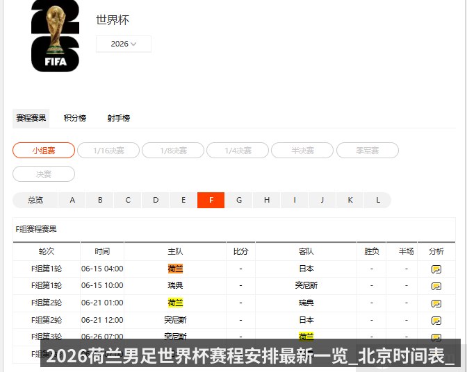 2026荷兰男足世界杯赛程安排最新一览_北京时间表_